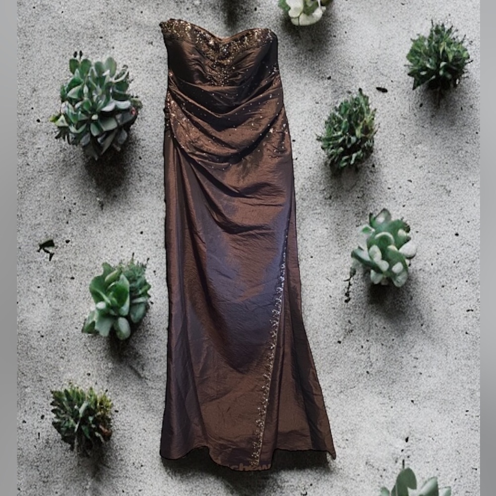 Flirt by Maggie Sottero Brown Beaded Mermaid Prom Dress - Picture 1 of 6